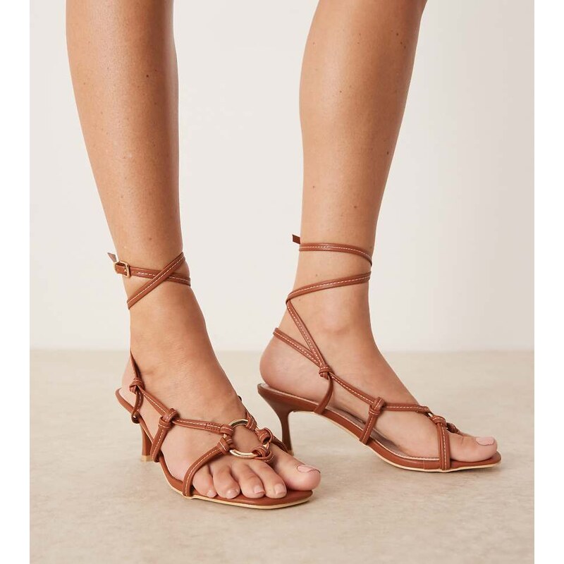 RAID Wide Fit Danika tie leg heeled sandals with metal detail in brown 115512394