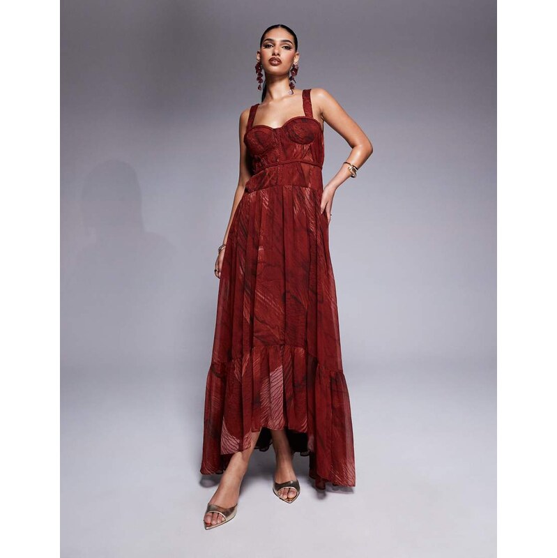 ASOS DESIGN plait detail maxi with bust cups in red abstract print 107281874