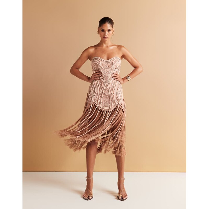 ASOS DESIGN embellished bandeau mini dress with fringing hem in
