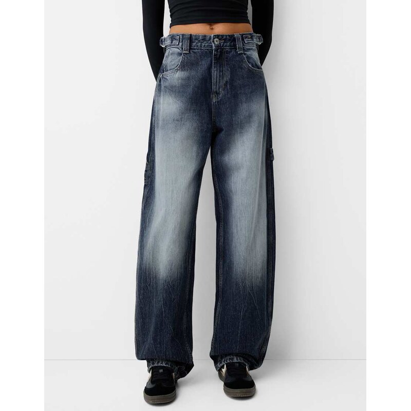 Bershka adjustable balloon fit carpenter jeans in navy 107282006