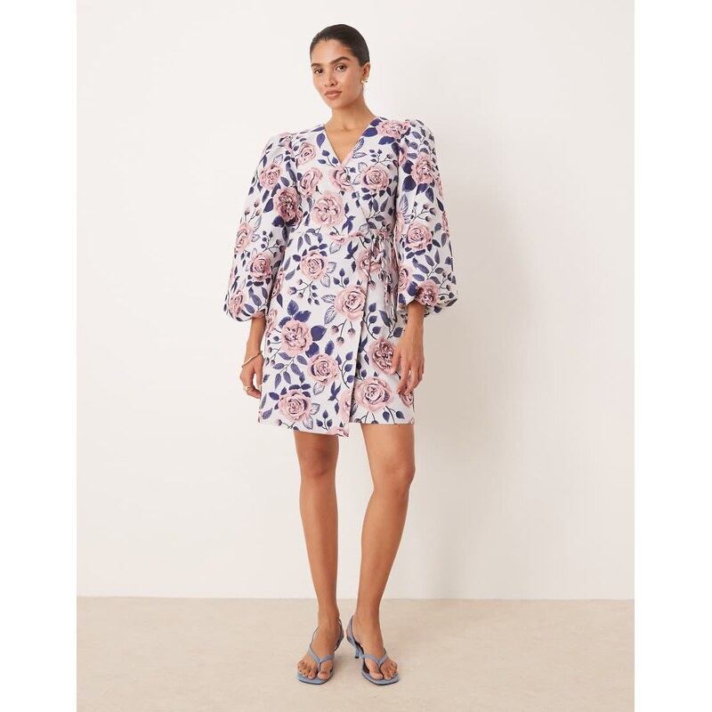 YAS wrap front structured mini dress in statement floral print-Multi 107283492