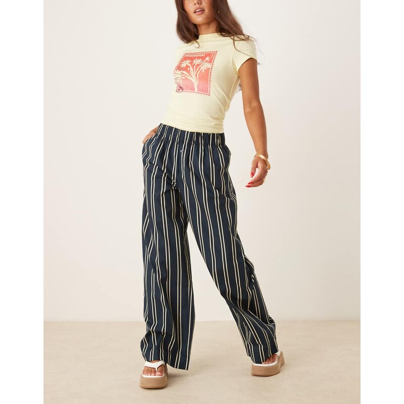 AWARE boxer style wide leg poplin trousers in navy and cream stripe 107289004