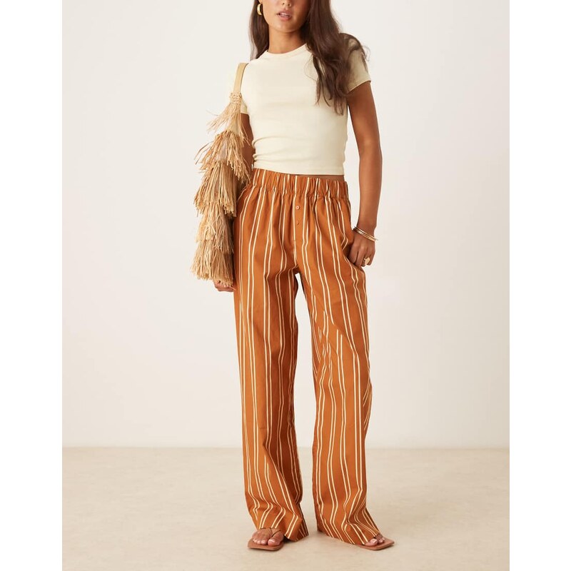 AWARE boxer style wide leg poplin trousers in caramel and cream stripe 109607037