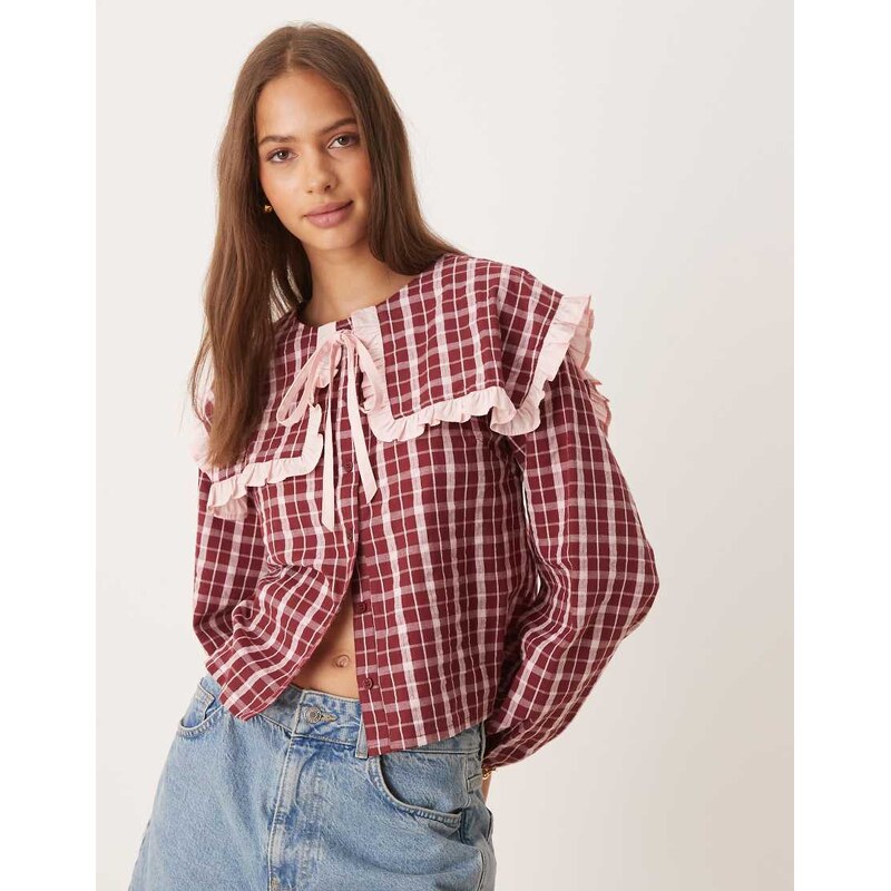 Neon Rose textured check print blouse in burgundy and pink
