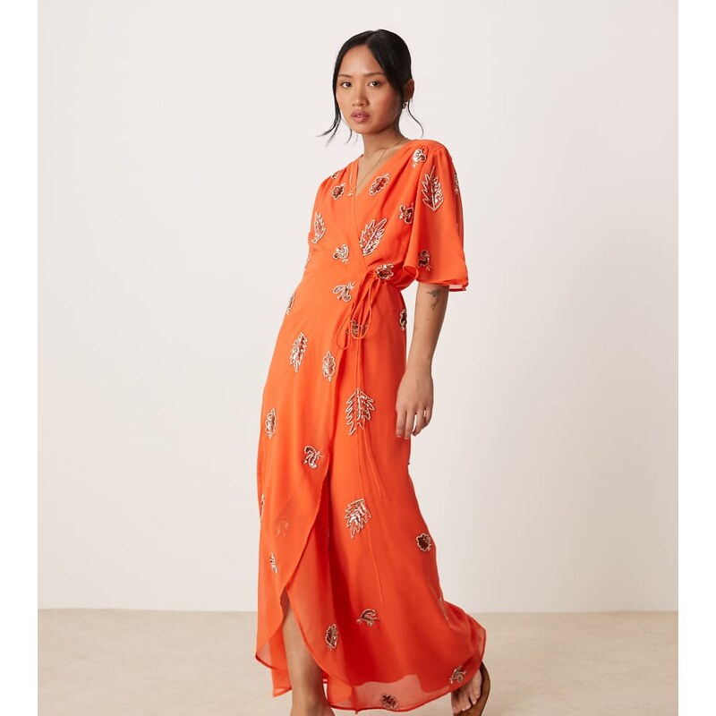 Hope & Ivy Petite embellished maxi wrap dress in orange