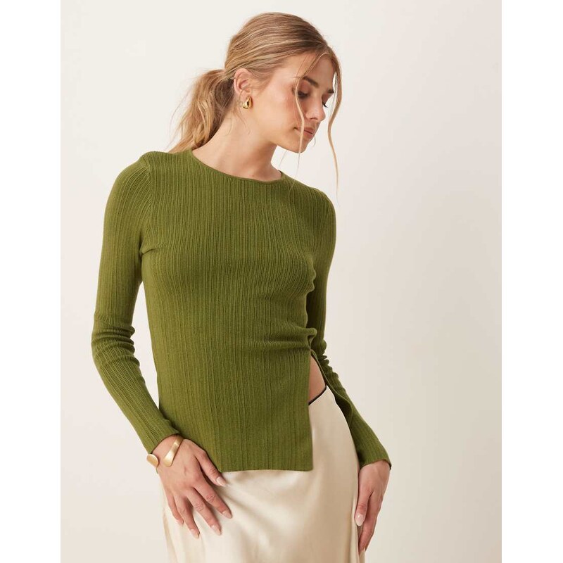 ASOS DESIGN knitted crew neck longline top with side split in
