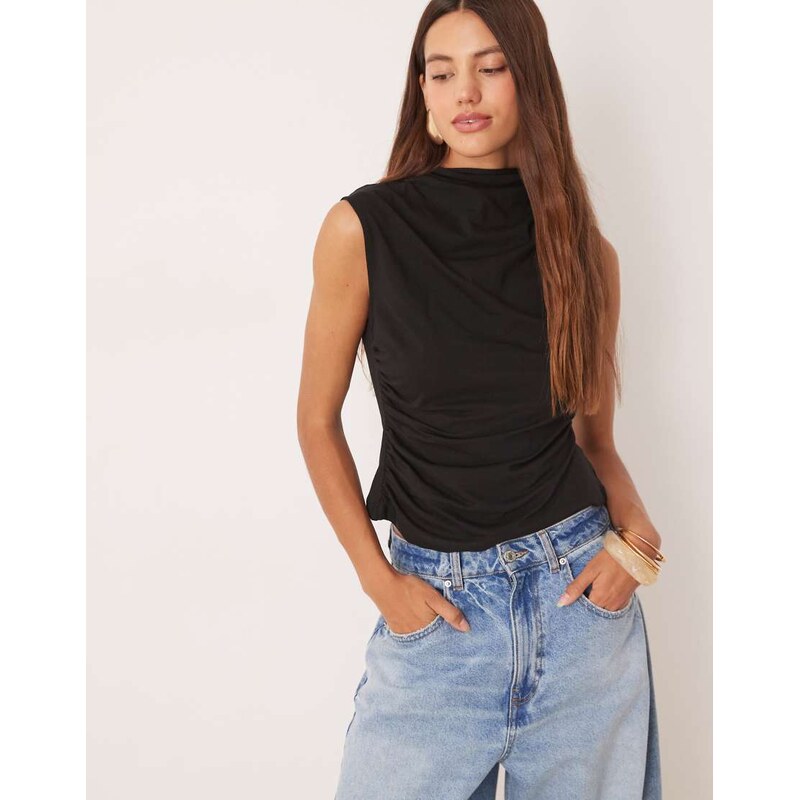 ASOS DESIGN high neck drape top with cinched waist in black 107561660