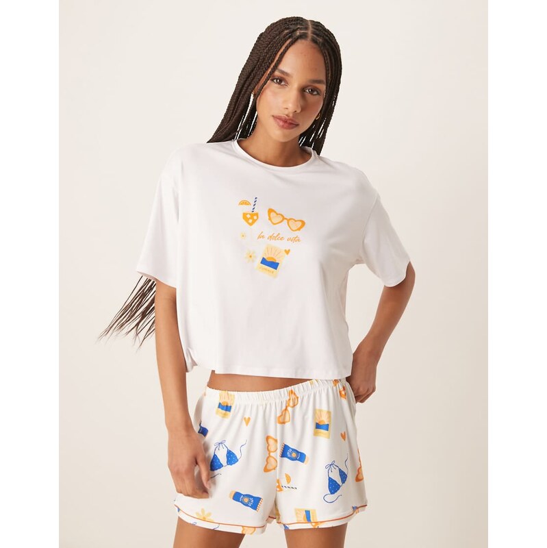 Urban Threads co-ord oversized cropped tee with la dolce vita print 107307326