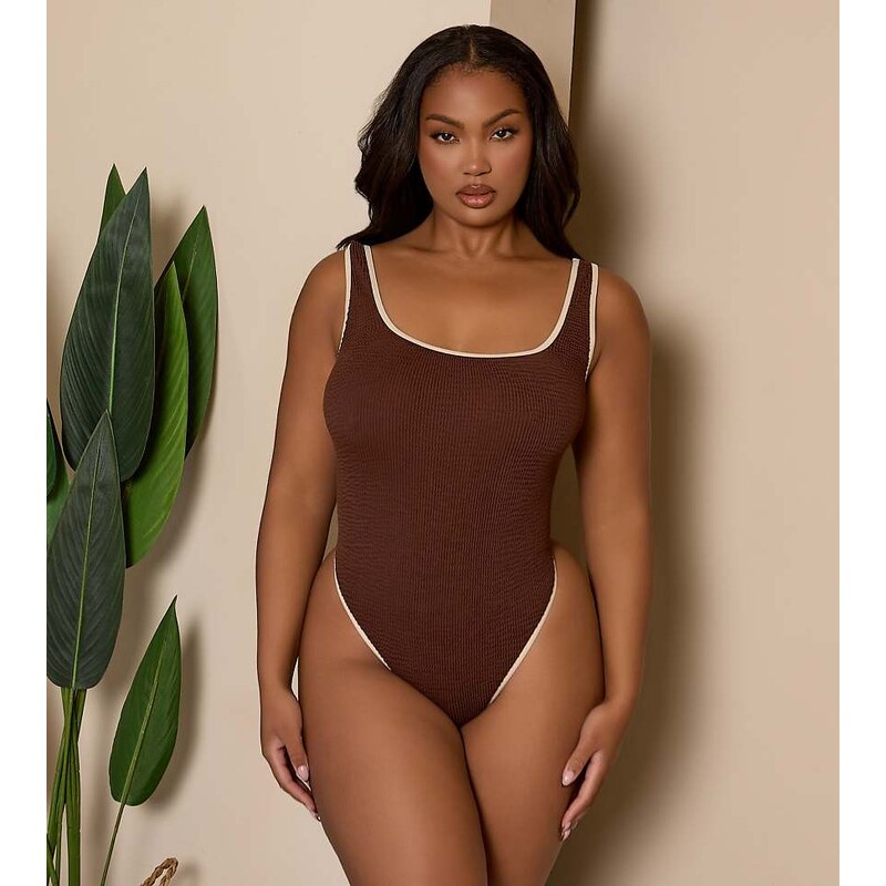 Moda Minx Curve contrast binding swimsuit in brown 107300933