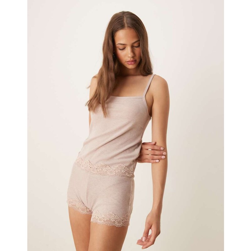 ASOS DESIGN mix & match rib and lace pyjama cami in brown