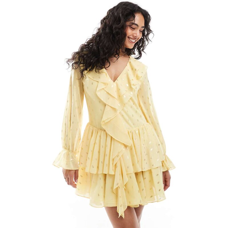 TFNC tiered mini dress with ruffle detail in pale yellow 113261400