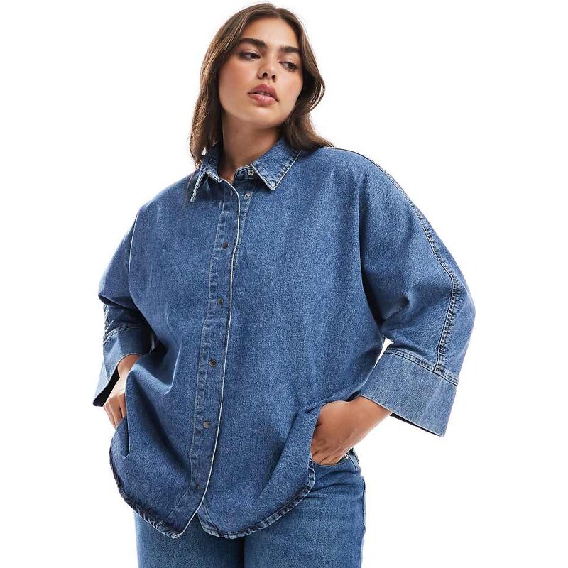 ONLY Curve 3/4 sleeve denim shirt in mid blue