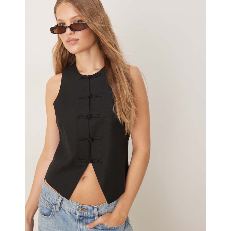 Mango linen blend round neck wasitcoat with knot front detail