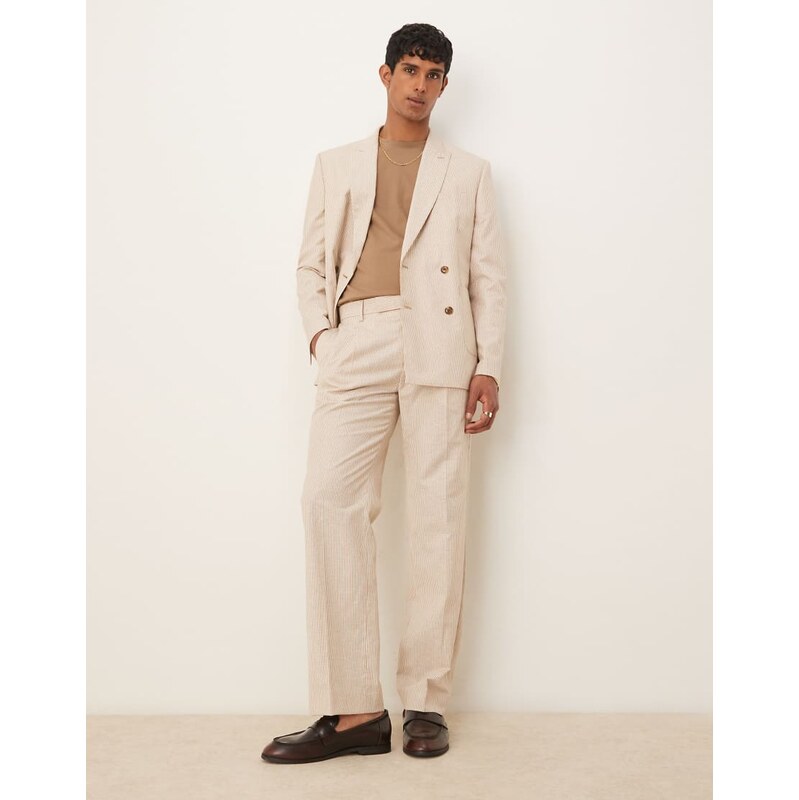 ASOS DESIGN linen straight leg suit trousers in stone stripe