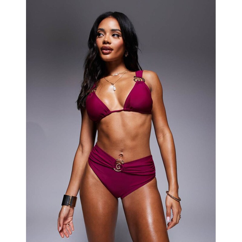 Moda Minx high waisted bikini bottom with shell detail in berry-Red 107307476