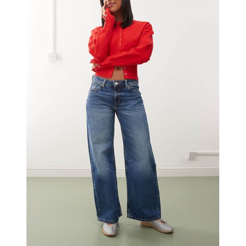 Monki imoo low waist wide leg jeans in mid blue wash 107307520