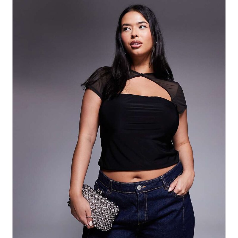 ASOS Curve ASOS DESIGN Curve mesh short sleeve top with rouleau