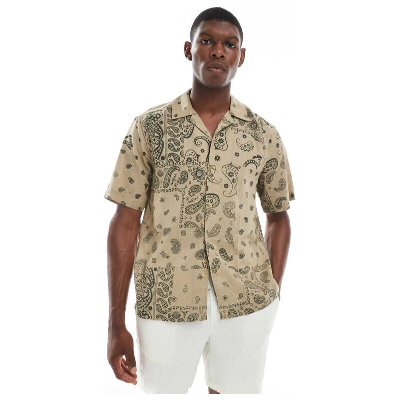 ONLY & SONS revere collar shirt in beige paisley print-Neutral