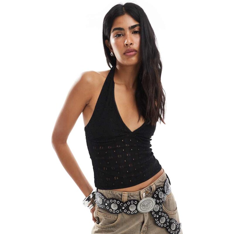 Miss Selfridge crochet jersey v neck halter top in black