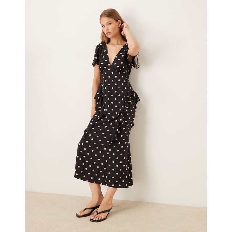 Nobodys Child Lyndsey ruffle detail midi dress in black spot 115740617