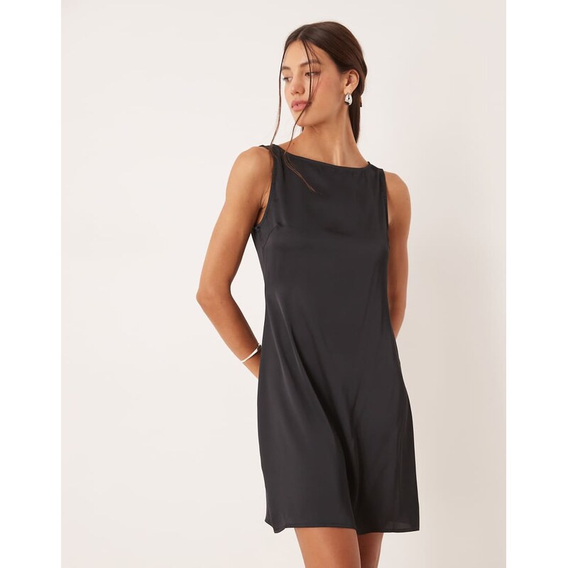 Vila slash neck satin mini dress in black