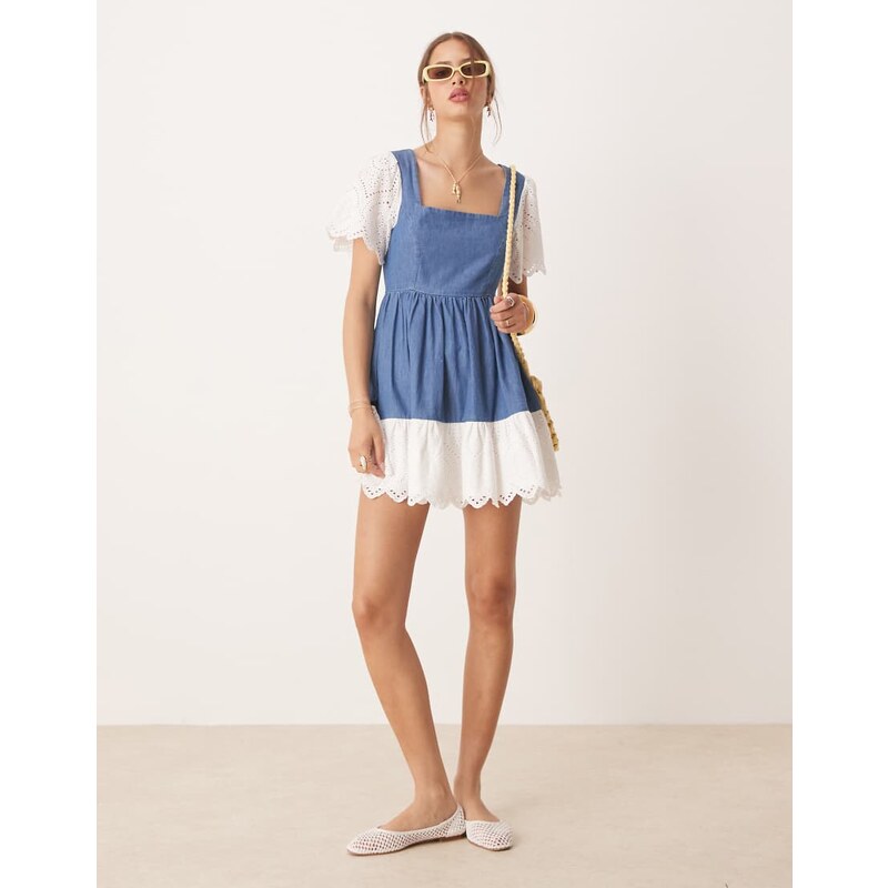 Miss Selfridge broderie mix denim mini wash-Blue