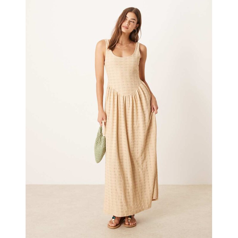 ASOS DESIGN textured scoop neck drop waist midi dress in beige