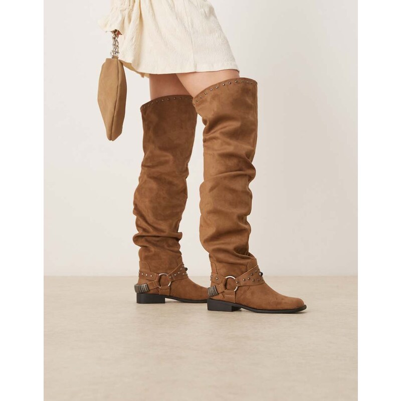 ASOS DESIGN Kimmy suedette over the knee boots with harness in sand 107490092