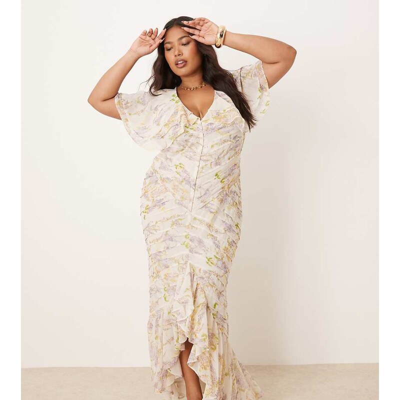 ASOS Curve ASOS DESIGN Curve pintuck maxi dress with cape flutter 107700806