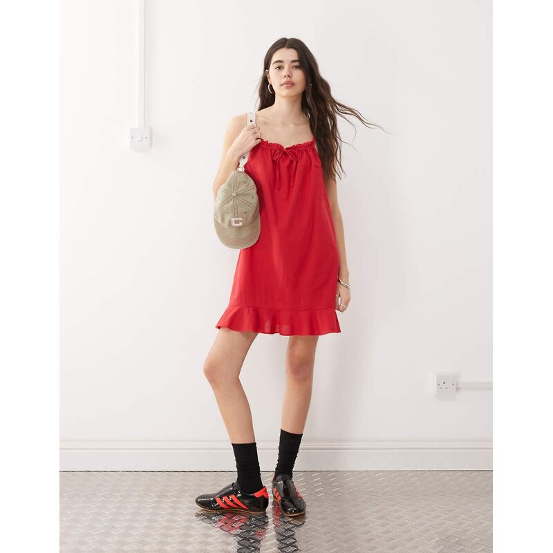 COLLUSION linen look babydoll mini dress in red-White 107323625