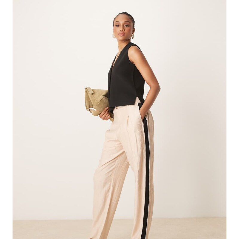 ASOS DESIGN Tall tailored contrast panel trousers in stone-Neutral 107333917