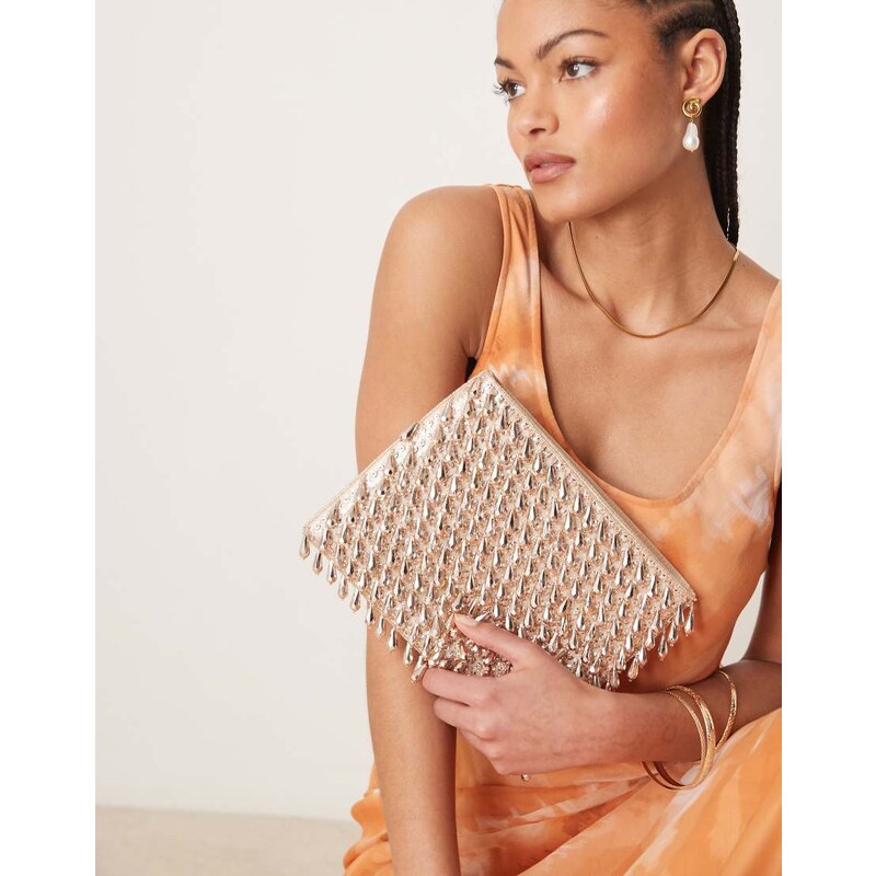 ASOS DESIGN zip top clutch bag in all over beads in rose gold 107496271
