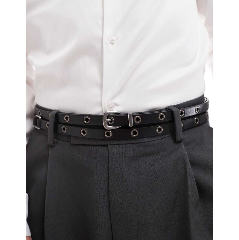 ASOS DESIGN faux leather studded double strap skinny belt-Black