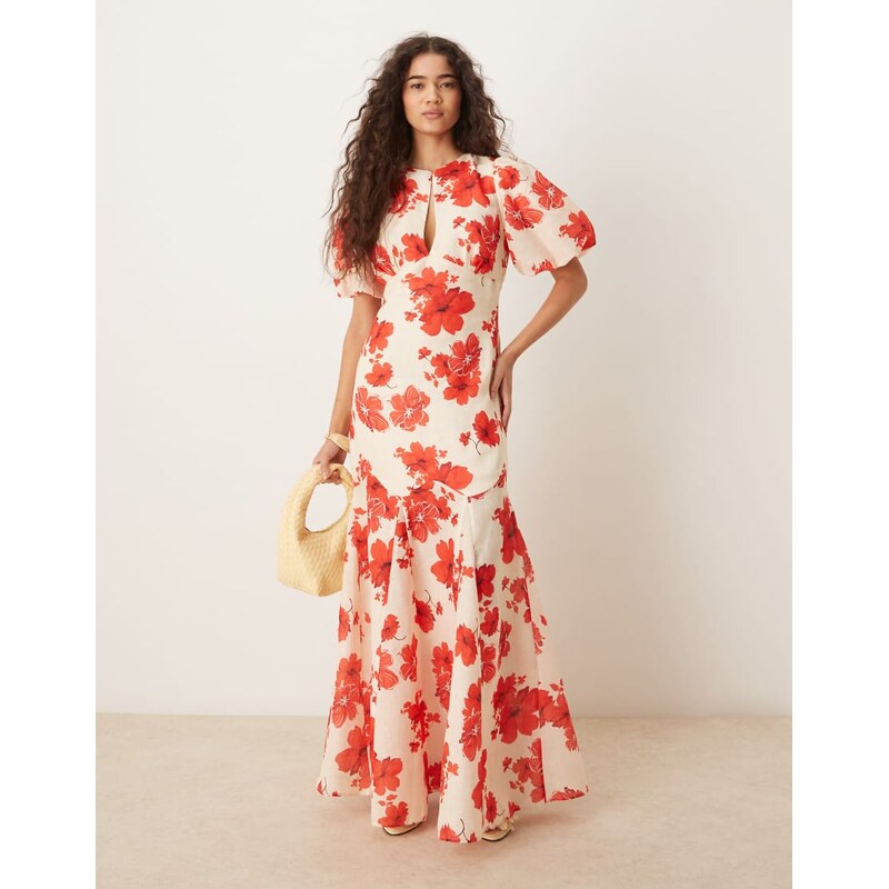 Pretty Lavish Lottie printed linen puff sleeve dress in red