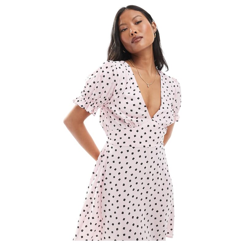 Miss Selfridge Petite mini tea dress in spun in pink polka dot