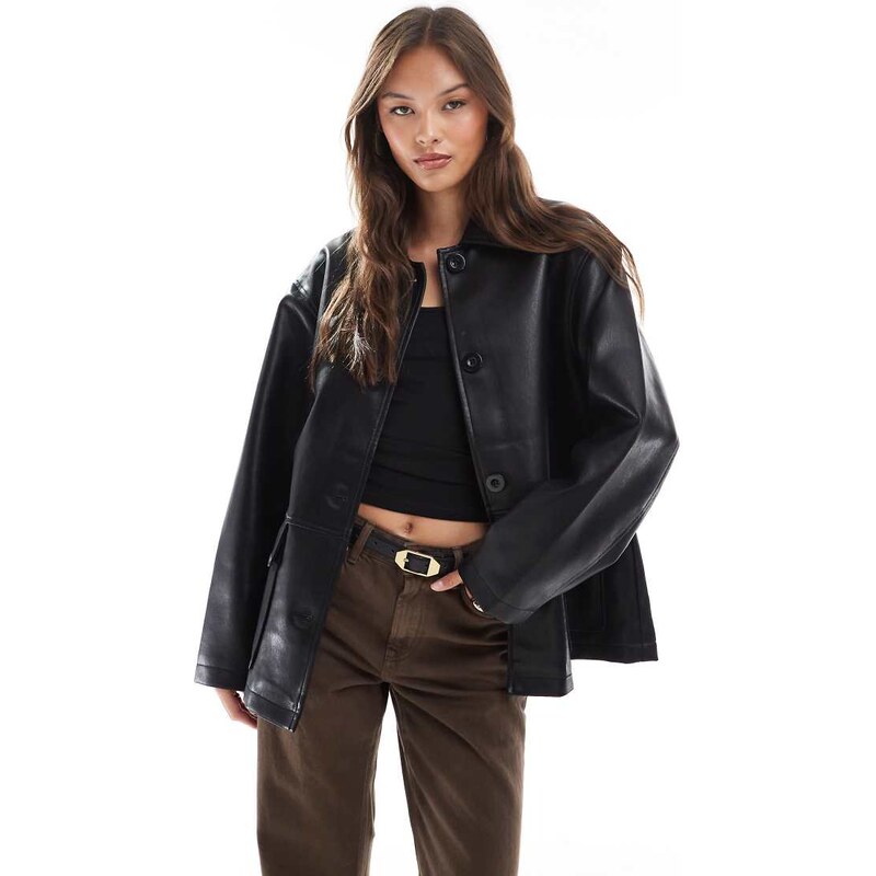 ASOS DESIGN leather look harrington jacket in black