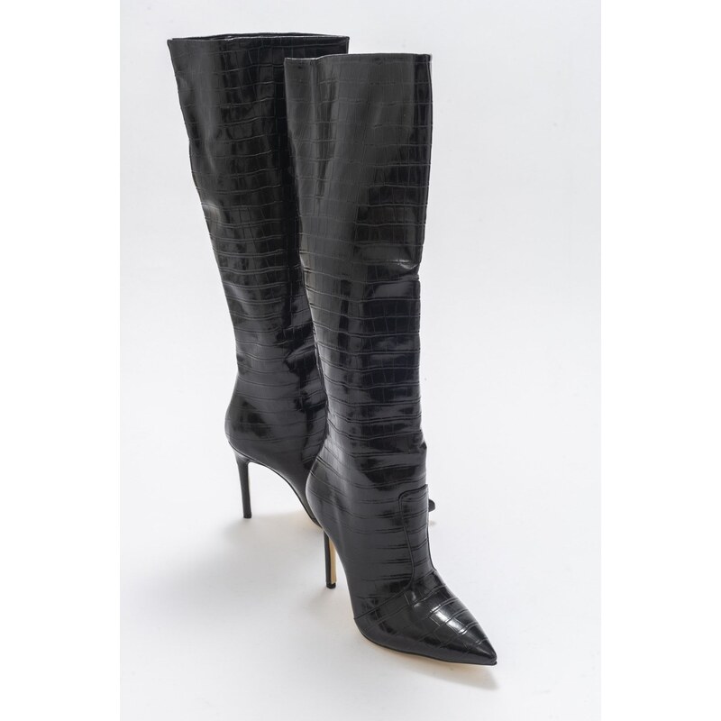 LuviShoes Womens Navy Black Printed Heeled Boots