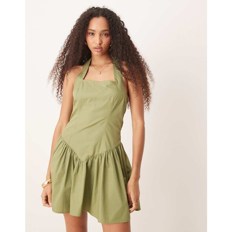 ASOS DESIGN halter mini dress with ruffle hem in washed khaki