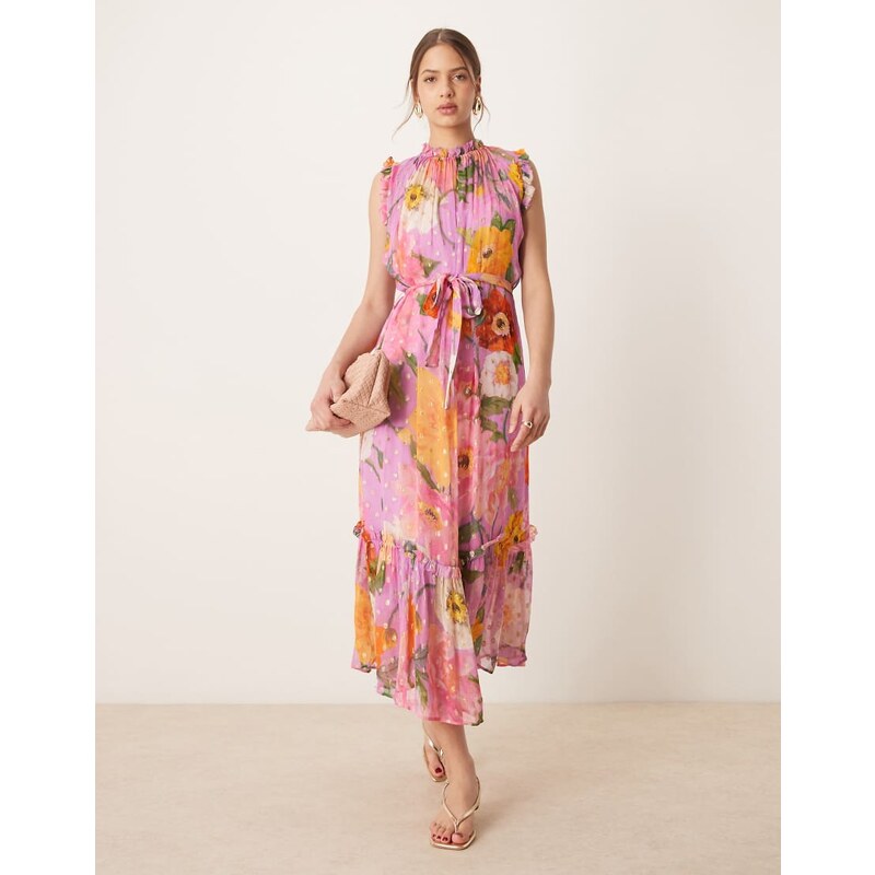 Hope & Ivy high neck ruffle midi dress with tie waist in pink