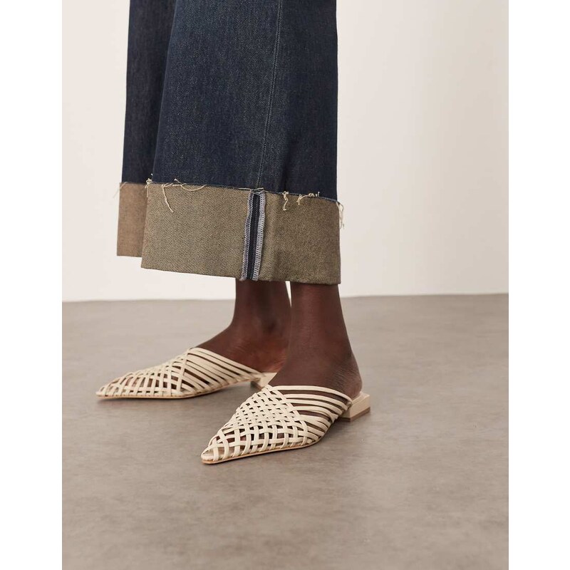 ARRANGE Zadie premium suede woven flat mules in off white 107333972