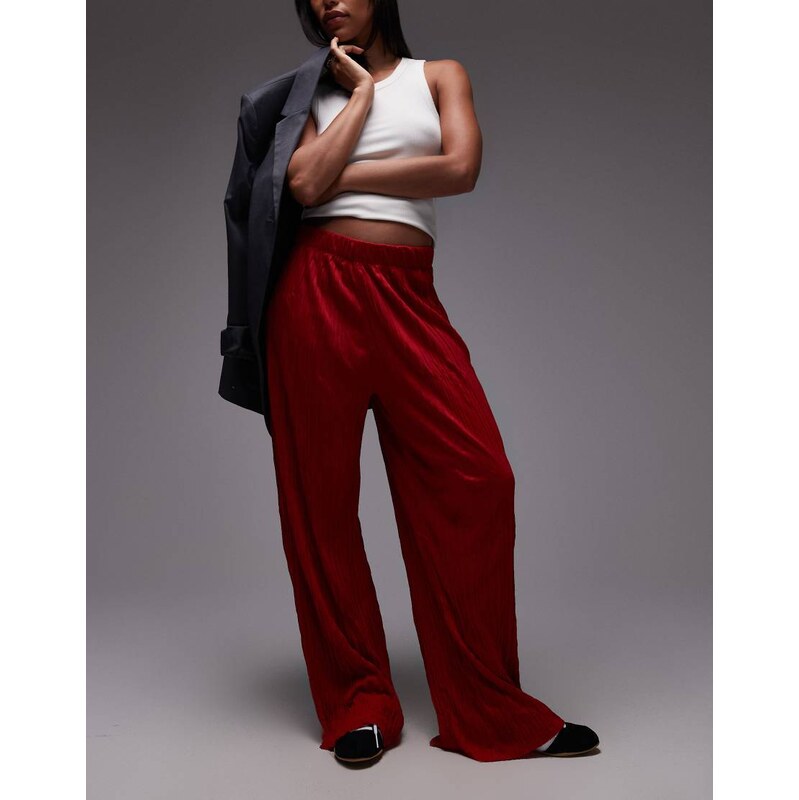 Topshop crinkle wide leg trousers in red 107334004