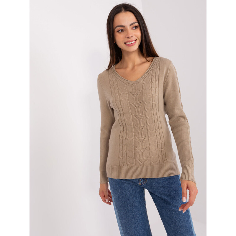 ITALY MODA Tmavě béžový svetr s copánkovým vzorem -dark beige Béžová 85890221