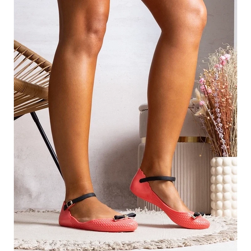 Gemre Heather Pink Womens Rubber Ballet Flats with Bow and Strap 106989857