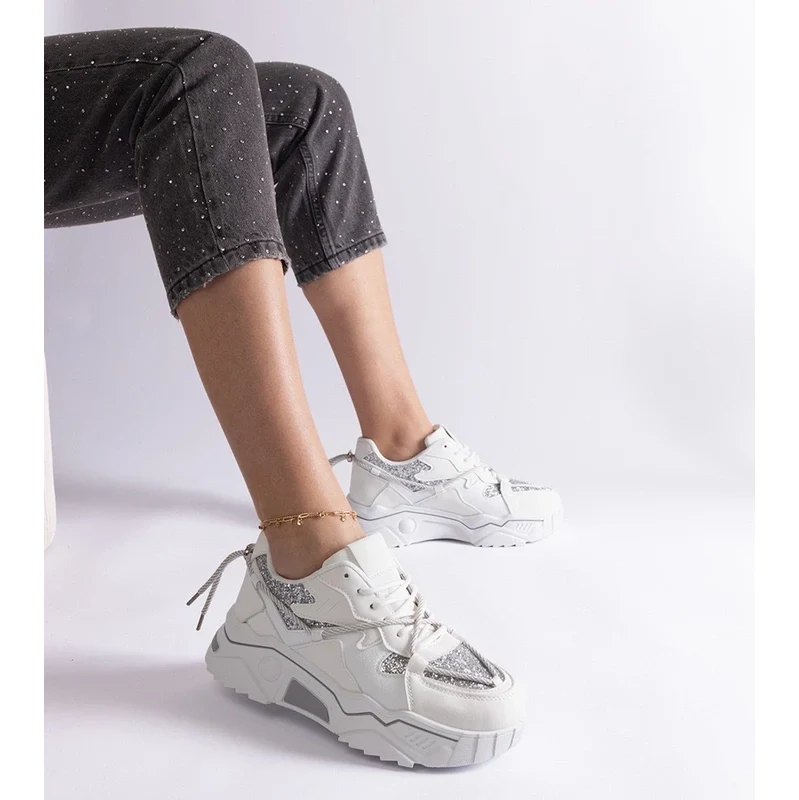 Gemre White womens sneakers with glitter Agar