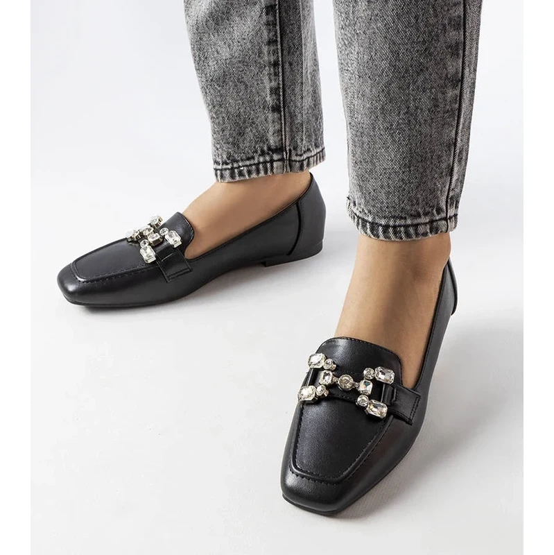 Gemre Black womens leather loafers with rhinestones square toe 106991276