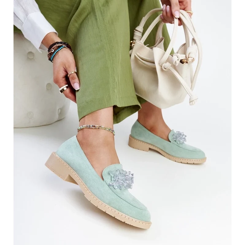 Gemre Light green suede loafers with Zemzem crystals