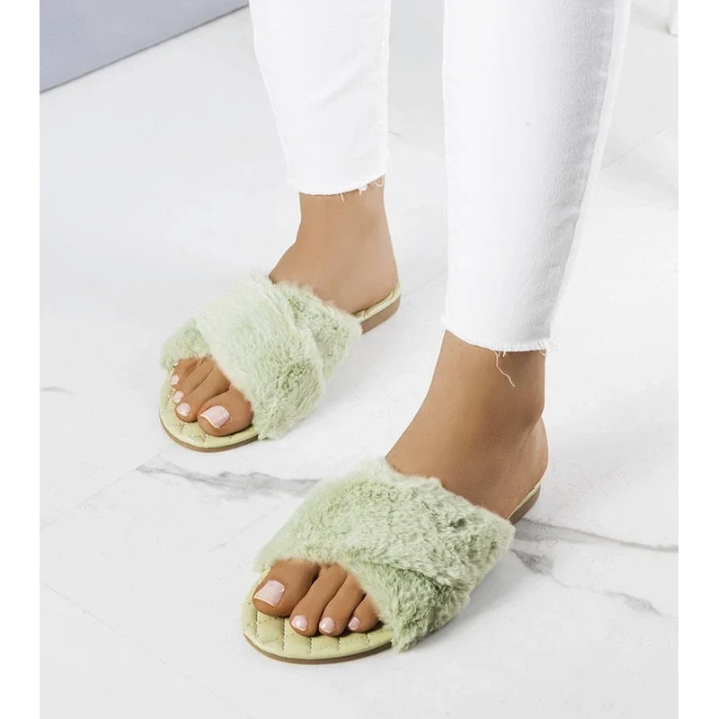 marka niezdefiniowana Green flip-flops with fur Karsyn