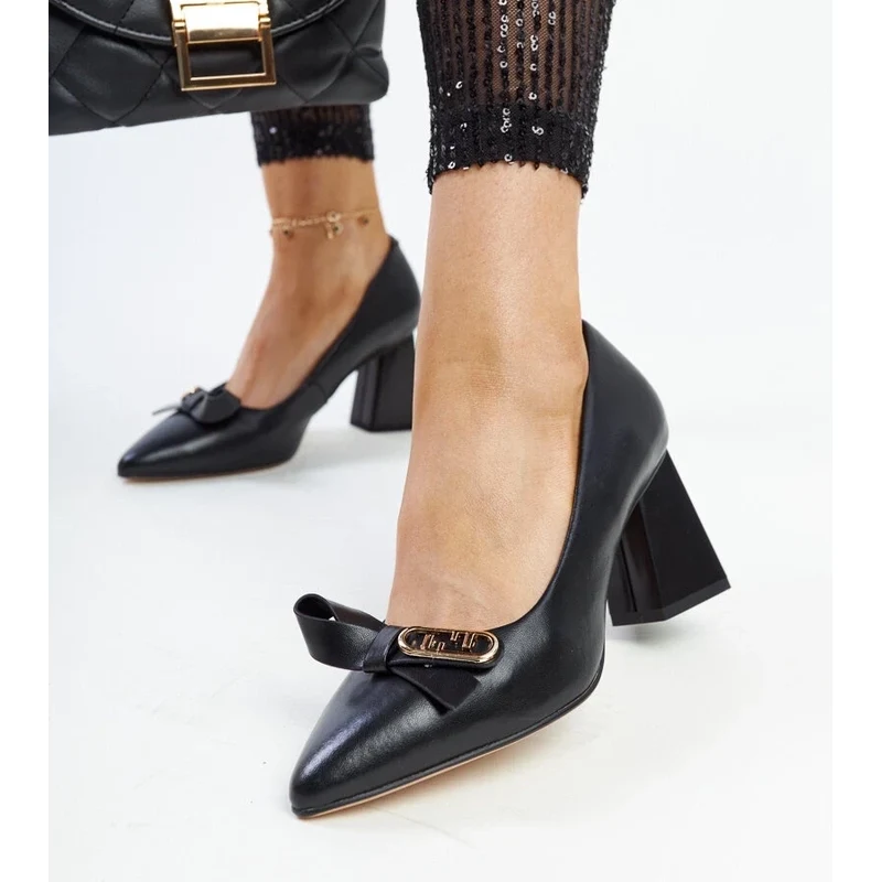 Black leather block heel pumps Vinceza with a bow 115380841