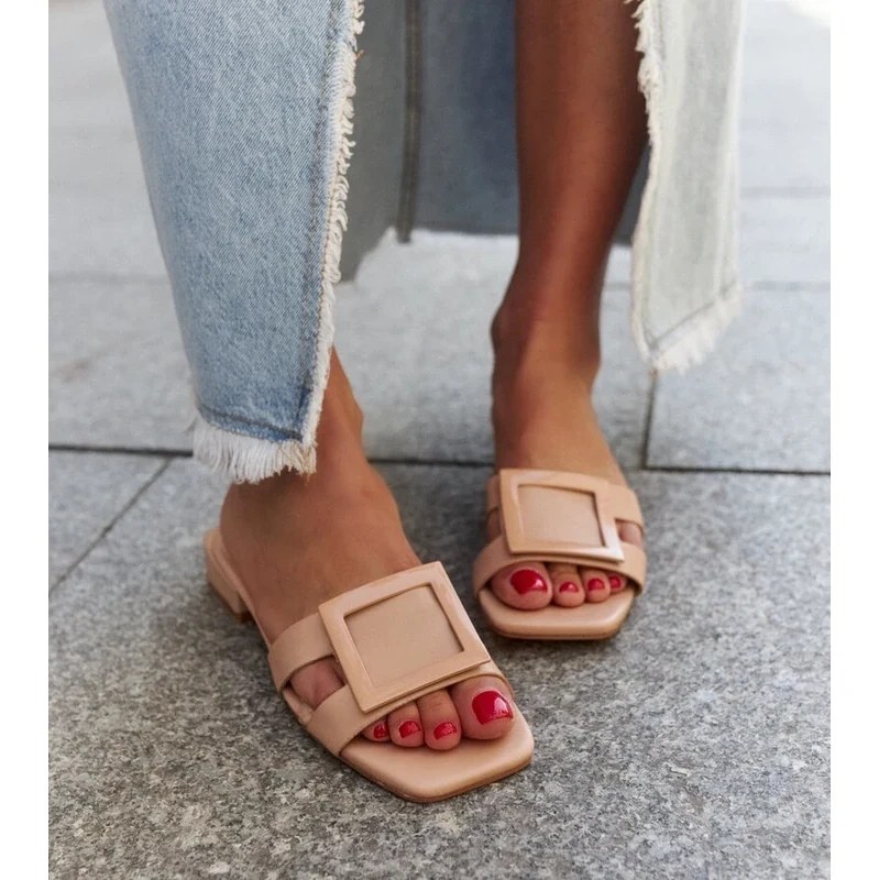 marka niezdefiniowana Beige flip-flops with leather insole Wilia 106995917