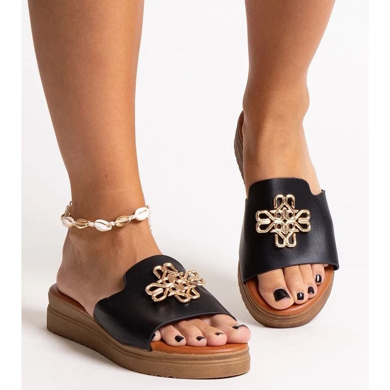 marka niezdefiniowana Black platform slides with a buckle Nibal